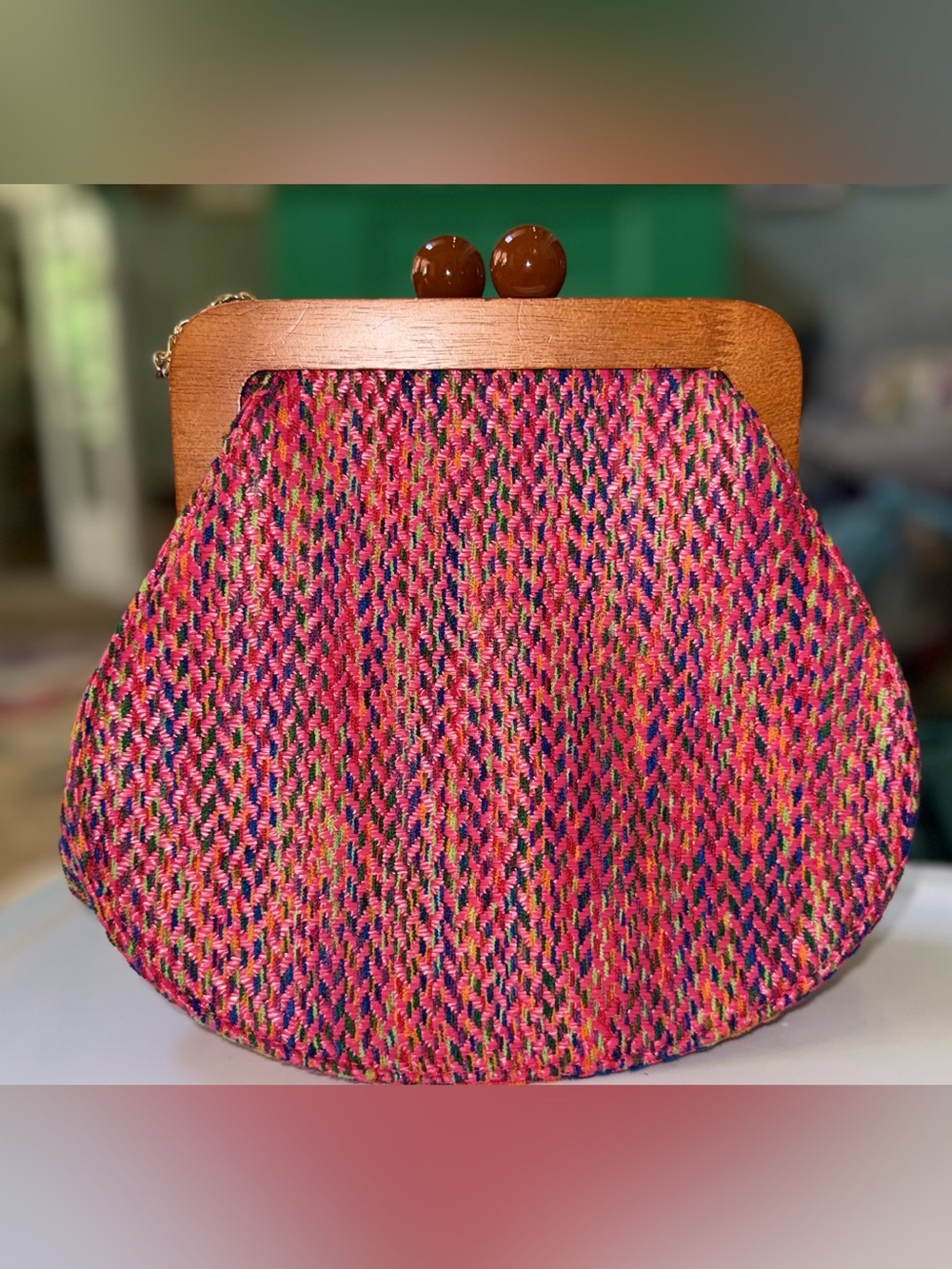 INC International Concepts Pink multicolored knit frame clutch